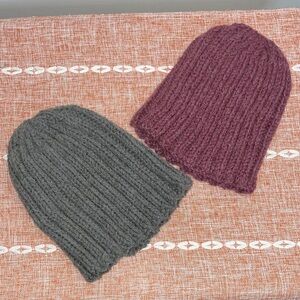 TWO (2) KID Size•Cozy Knit Beanie Set in Gray and Champagne